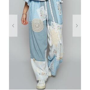 PS55-– POL FLORAL LACE CROCHET WAFFLE KNIT PANTS